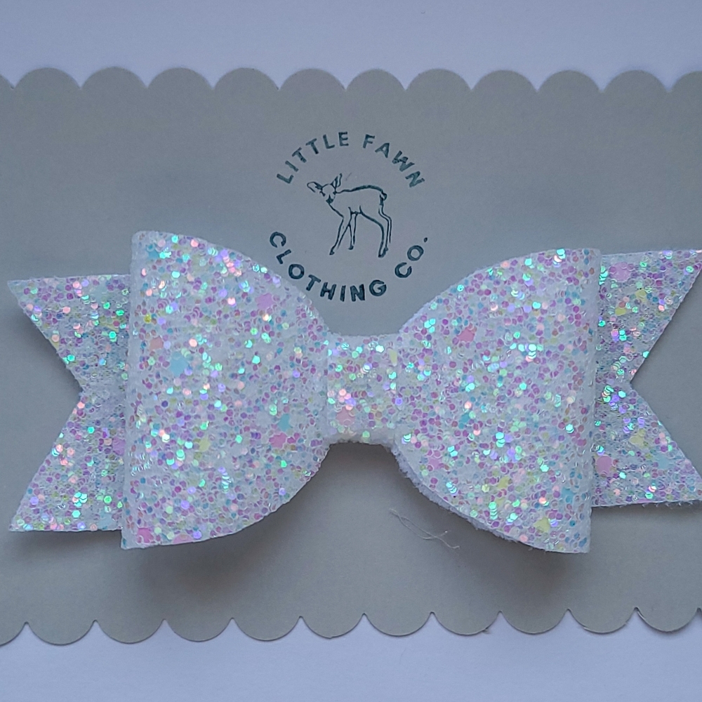 Glitter Pastel Faux Leather Bow - White